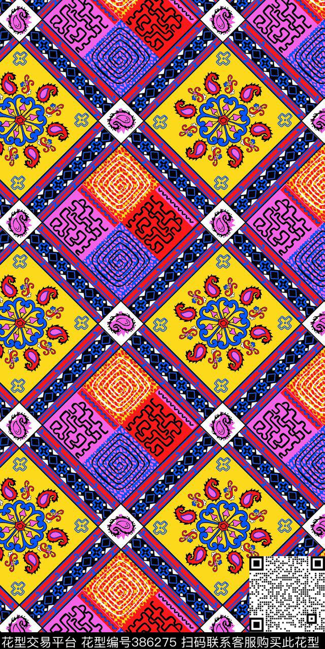 复古花卉格子几何传统印花华亿平台下载（图片编号: 386275） - 瓦栏（Walan）