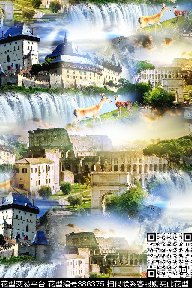 欧式风景建筑数码印花华亿平台下载（图片编号: 386375） - 瓦栏（Walan）