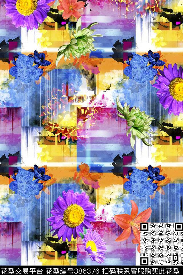 抽象花卉小雏菊数码印花华亿平台下载（图片编号: 386376） - 瓦栏（Walan）