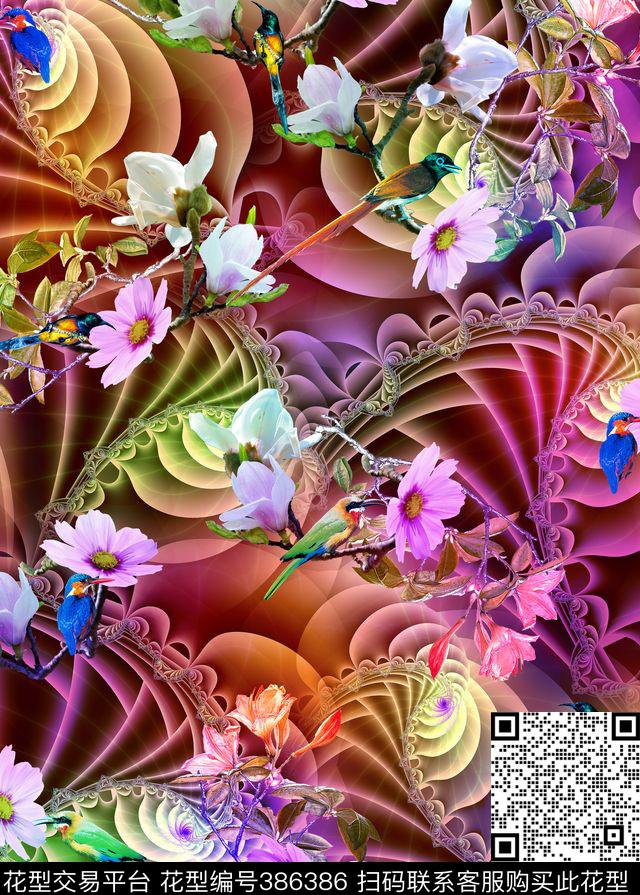 抽象花鸟数码印花华亿平台下载（图片编号: 386386） - 瓦栏（Walan）