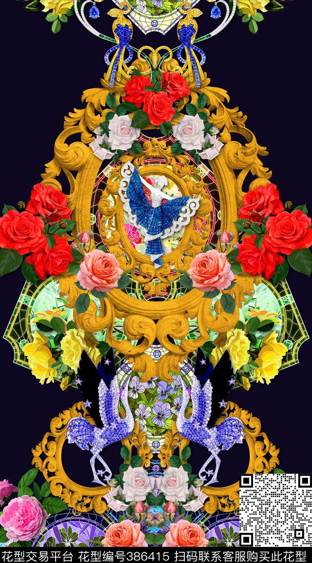 欧式宫廷风金色画框鲜花数码印花华亿平台下载（图片编号: 386415） - 瓦栏（Walan）
