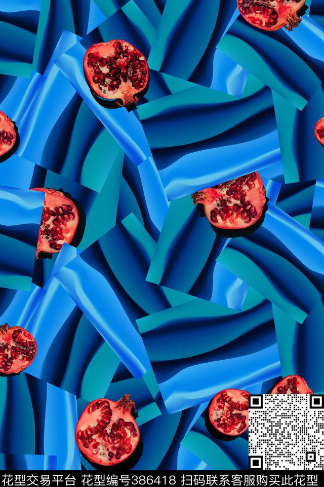 红石榴抽象肌理蓝色休闲水果、叶子数码印花华亿平台下载（图片编号: 386418） - 瓦栏（Walan）