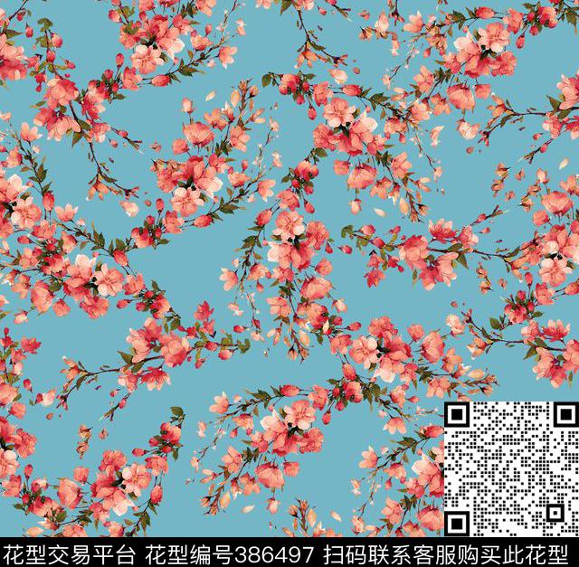 桃花花卉浪漫数码印花华亿平台下载（图片编号: 386497） - 瓦栏（Walan）