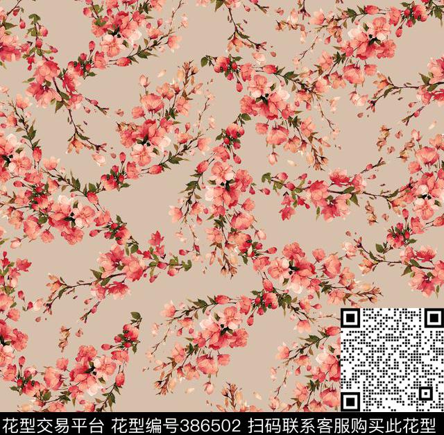 桃花花卉浪漫数码印花华亿平台下载（图片编号: 386502） - 瓦栏（Walan）