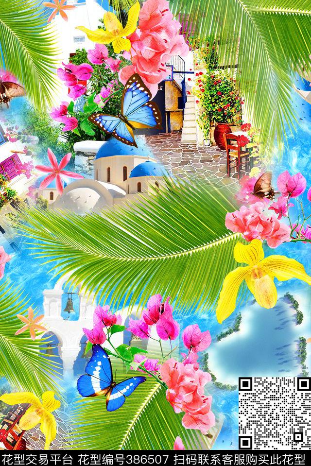 蝴蝶建筑水波数码印花华亿平台下载（图片编号: 386507） - 瓦栏（Walan）