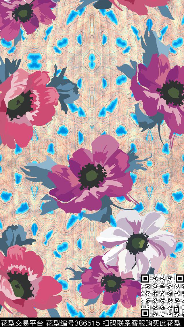 花卉曲线写意数码印花华亿平台下载（图片编号: 386515） - 瓦栏（Walan）