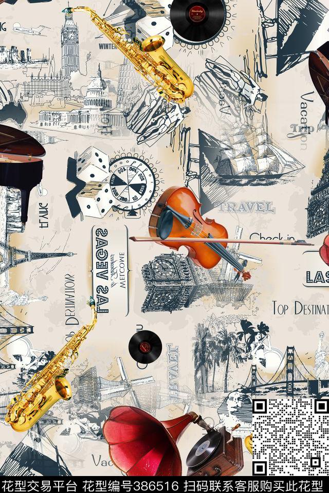 乐器复古男装数码印花华亿平台下载（图片编号: 386516） - 瓦栏（Walan）