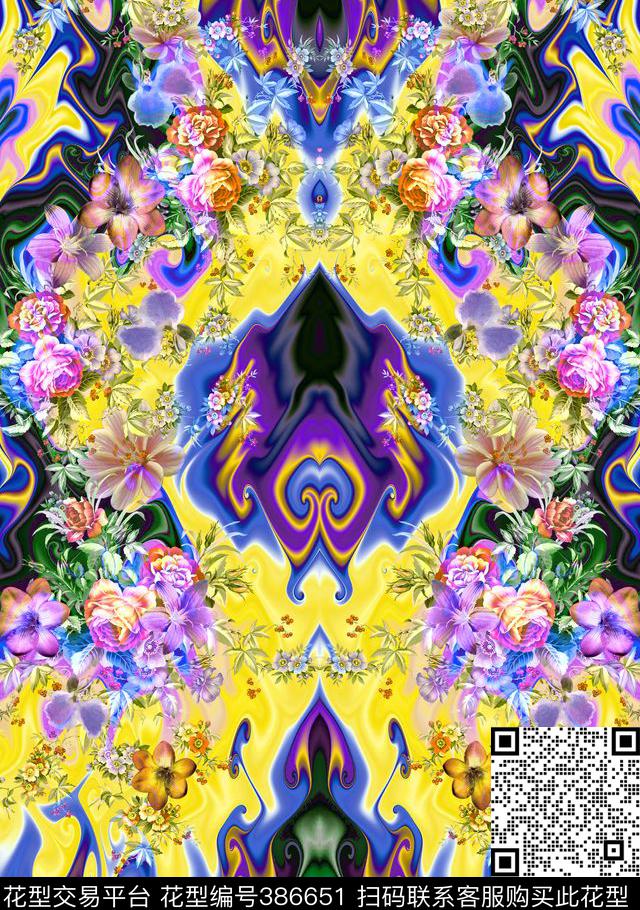 几何流动花卉数码印花华亿平台下载（图片编号: 386651） - 瓦栏（Walan）