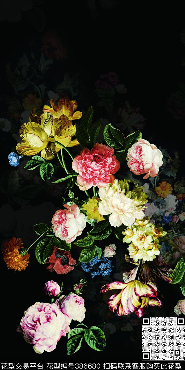 时尚油画花卉数码印花华亿平台下载（图片编号: 386680） - 瓦栏（Walan）