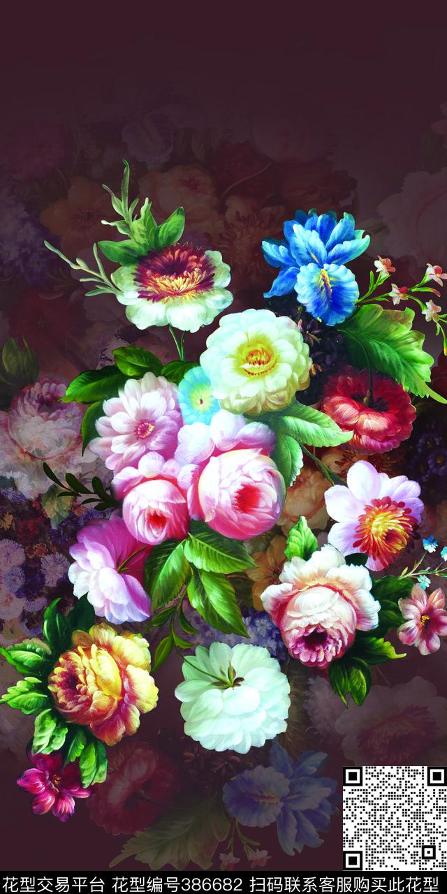 时尚油画花卉数码印花华亿平台下载（图片编号: 386682） - 瓦栏（Walan）