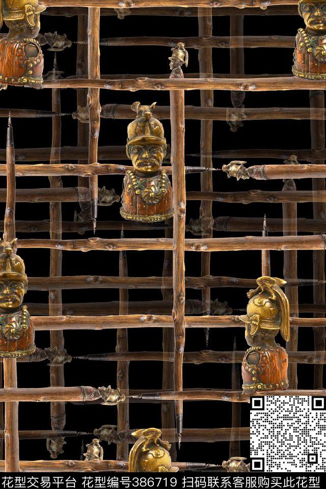 古铜器人头雕像数码印花华亿平台下载（图片编号: 386719） - 瓦栏（Walan）