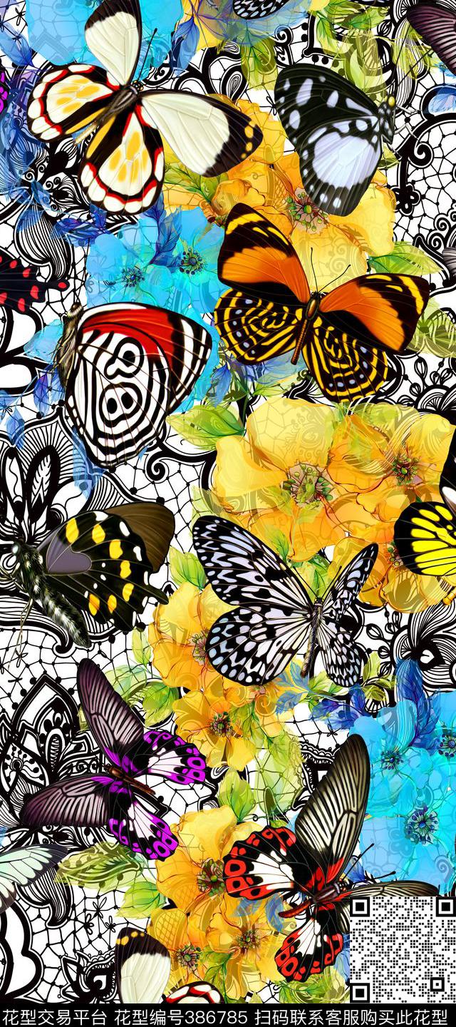 服装蝴蝶花卉数码印花华亿平台下载（图片编号: 386785） - 瓦栏（Walan）