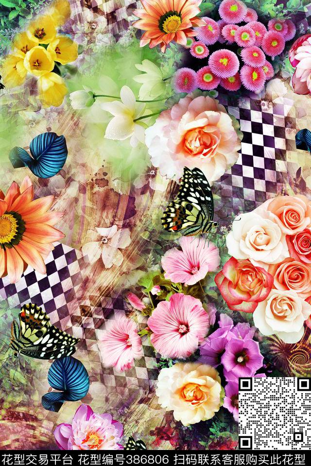 菱形格子花和鸟数码艺彩——绚丽数码风数码印花华亿平台下载（图片编号: 386806） - 瓦栏（Walan）