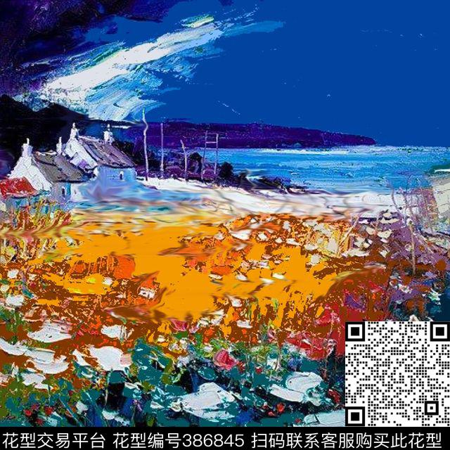 房子油画风景花卉组合数码印花华亿平台下载（图片编号: 386845） - 瓦栏（Walan）
