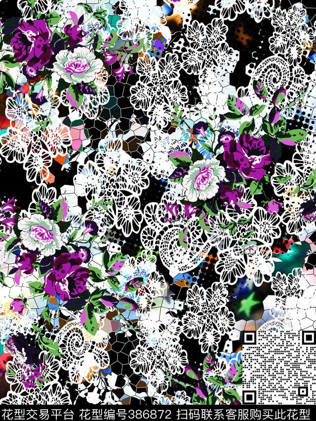 混搭花卉蕾丝数码印花华亿平台下载（图片编号: 386872） - 瓦栏（Walan）