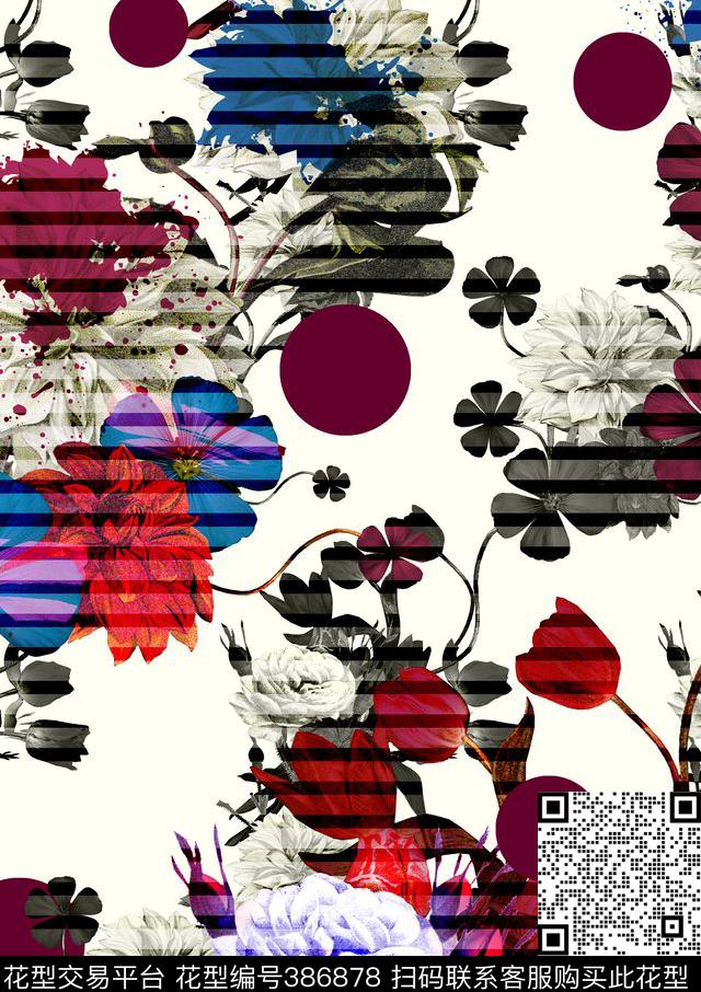 冰冻花卉条纹数码印花华亿平台下载（图片编号: 386878） - 瓦栏（Walan）