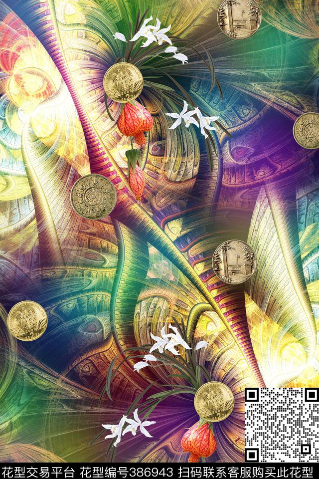 抽象钱币几何肌理数码印花华亿平台下载（图片编号: 386943） - 瓦栏（Walan）