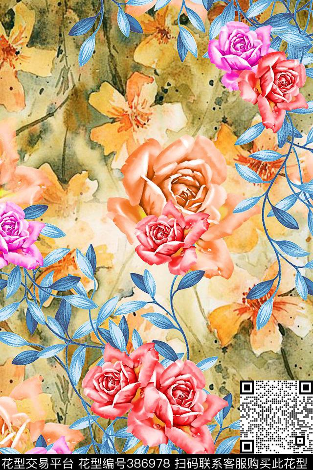 牡丹写意面料华亿平台数码印花华亿平台下载（图片编号: 386978） - 瓦栏（Walan）
