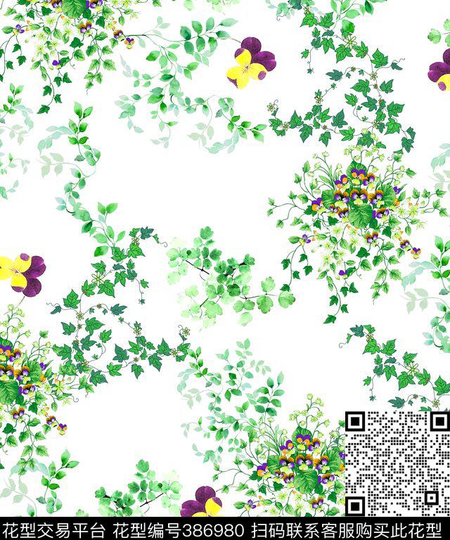 大牌叶子蝴蝶花数码印花华亿平台下载（图片编号: 386980） - 瓦栏（Walan）