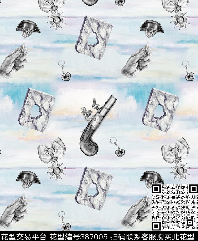 铅笔画手枪趣味图案数码印花华亿平台下载（图片编号: 387005） - 瓦栏（Walan）