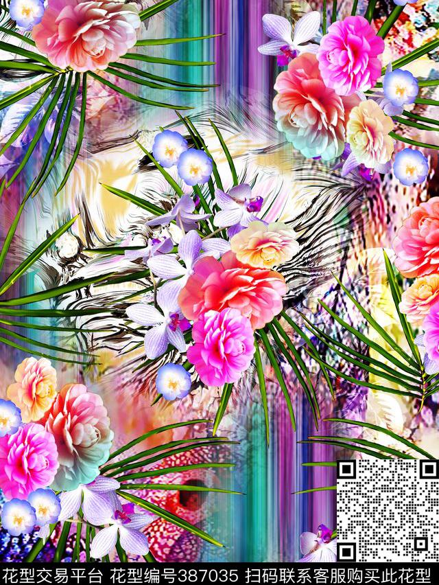 抽象花数码印花华亿平台下载（图片编号: 387035） - 瓦栏（Walan）