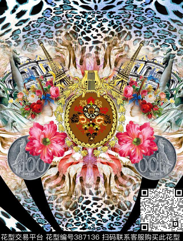 豹纹抽象几何；花卉欧美包臀大牌数码印花华亿平台下载（图片编号: 387136） - 瓦栏（Walan）