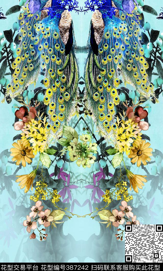 中国风孔雀水彩花卉数码印花华亿平台下载（图片编号: 387242） - 瓦栏（Walan）
