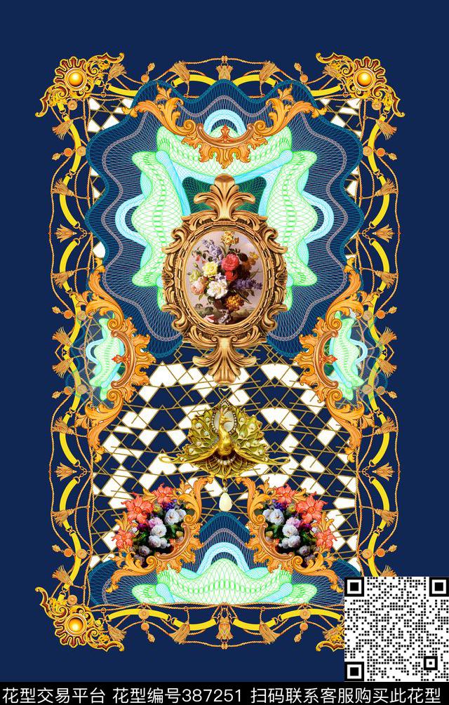几何线条金色欧式花纹油画花数码印花华亿平台下载（图片编号: 387251） - 瓦栏（Walan）