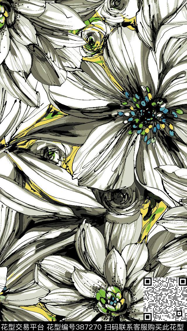 花卉清新围巾家纺传统印花华亿平台下载（图片编号: 387270） - 瓦栏（Walan）