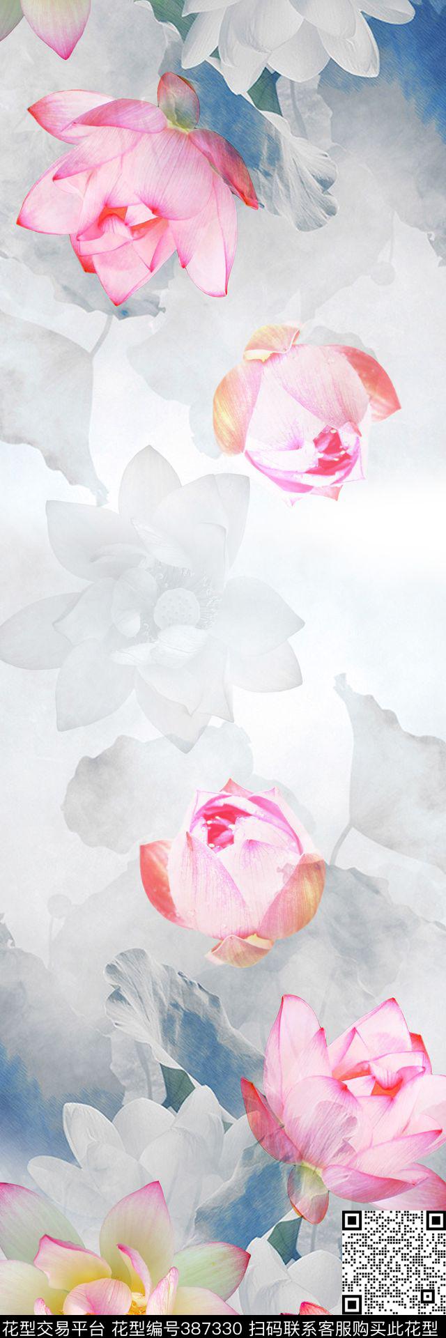 数码定位荷花花卉围巾数码印花华亿平台下载（图片编号: 387330） - 瓦栏（Walan）
