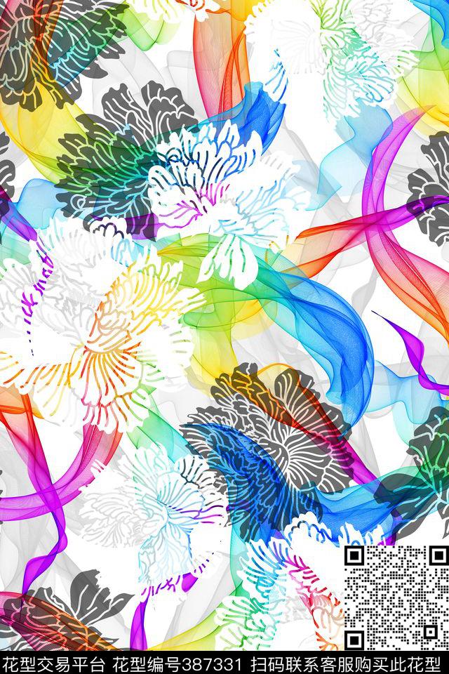 抽象花卉彩虹线条数码印花华亿平台下载（图片编号: 387331） - 瓦栏（Walan）