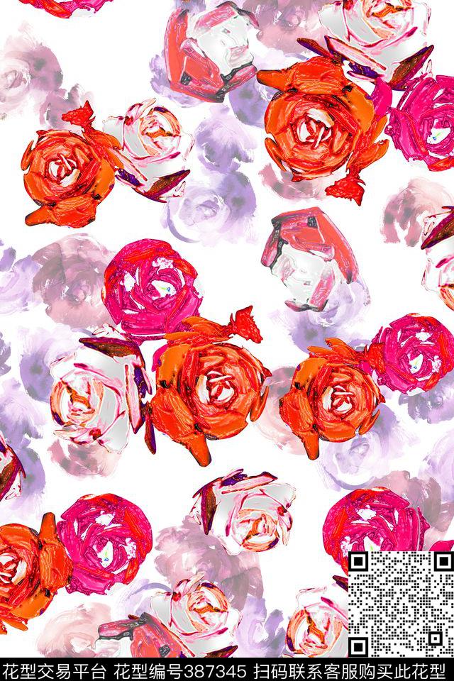 手绘花卉抽象花卉数码印花华亿平台下载（图片编号: 387345） - 瓦栏（Walan）