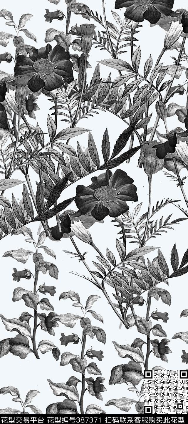 服装黑白植物花卉数码印花华亿平台下载（图片编号: 387371） - 瓦栏（Walan）