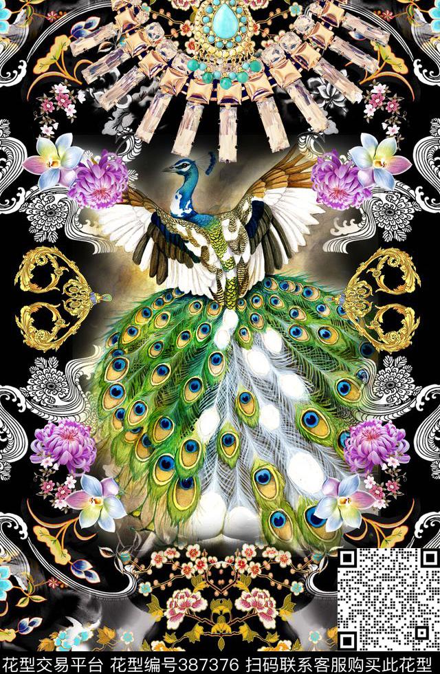 时尚孔雀蕾丝数码印花华亿平台下载（图片编号: 387376） - 瓦栏（Walan）