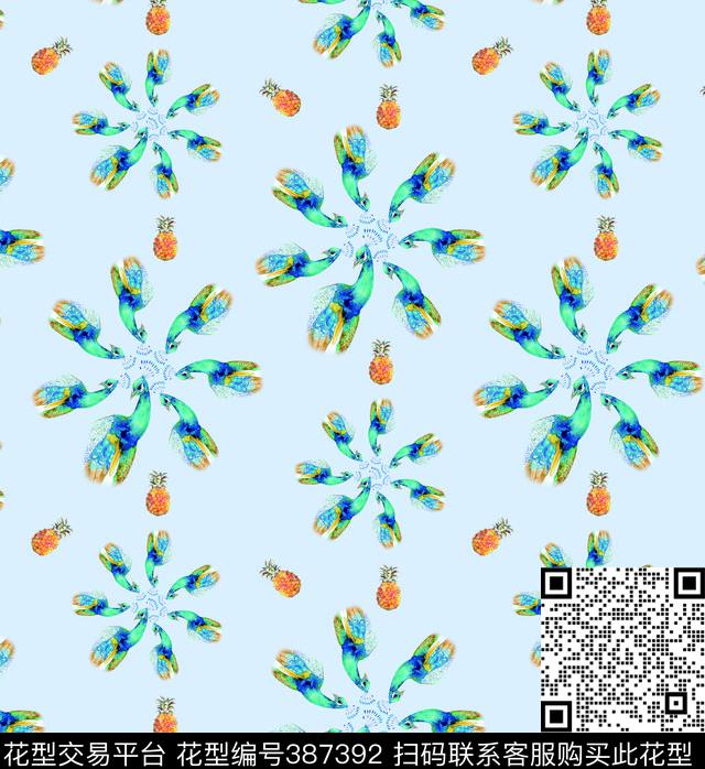 菠萝花孔雀数码印花华亿平台下载（图片编号: 387392） - 瓦栏（Walan）