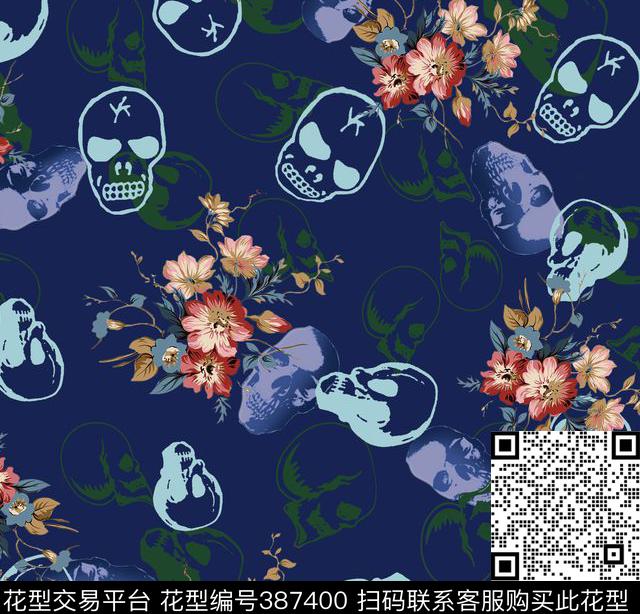 复古花卉骷颅时尚传统印花华亿平台下载（图片编号: 387400） - 瓦栏（Walan）