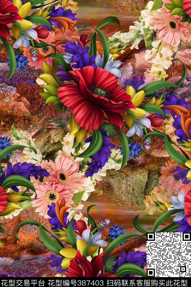 流行风格抽象花朵数码印花华亿平台下载（图片编号: 387403） - 瓦栏（Walan）