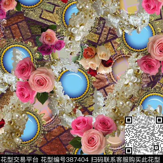 流行风格方块+宝石花朵花朵数码印花华亿平台下载（图片编号: 387404） - 瓦栏（Walan）