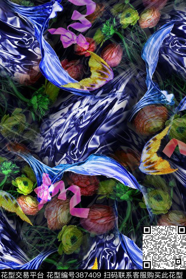 花卉水波丝带数码印花华亿平台下载（图片编号: 387409） - 瓦栏（Walan）