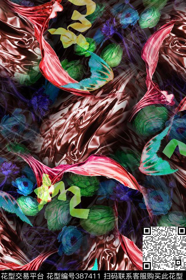 花卉水波丝带数码印花华亿平台下载（图片编号: 387411） - 瓦栏（Walan）
