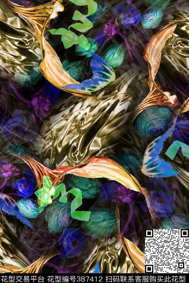 花卉水波丝带数码印花华亿平台下载（图片编号: 387412） - 瓦栏（Walan）