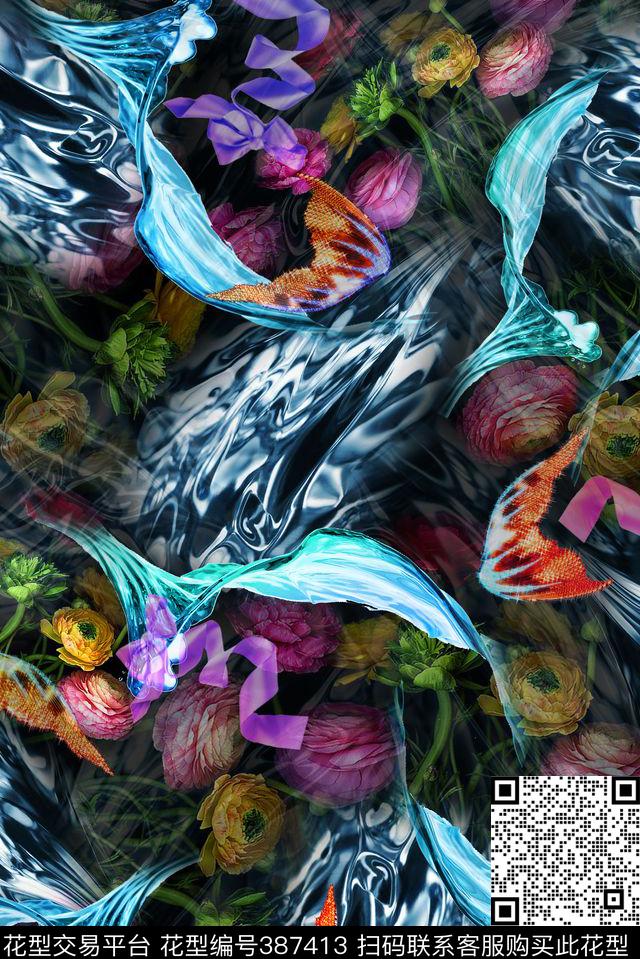 花卉水波丝带数码印花华亿平台下载（图片编号: 387413） - 瓦栏（Walan）