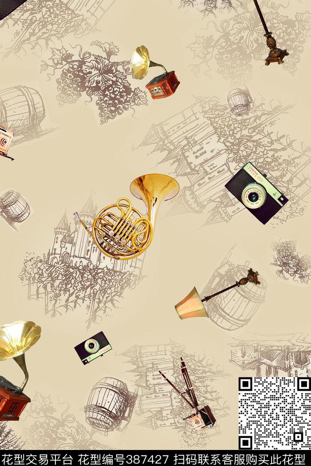照相机复古乐器数码印花华亿平台下载（图片编号: 387427） - 瓦栏（Walan）