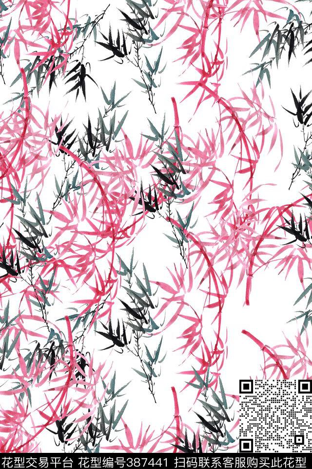 手绘水墨淡雅文竹竹子高端黑白红黑数码印花华亿平台下载（图片编号: 387441） - 瓦栏（Walan）