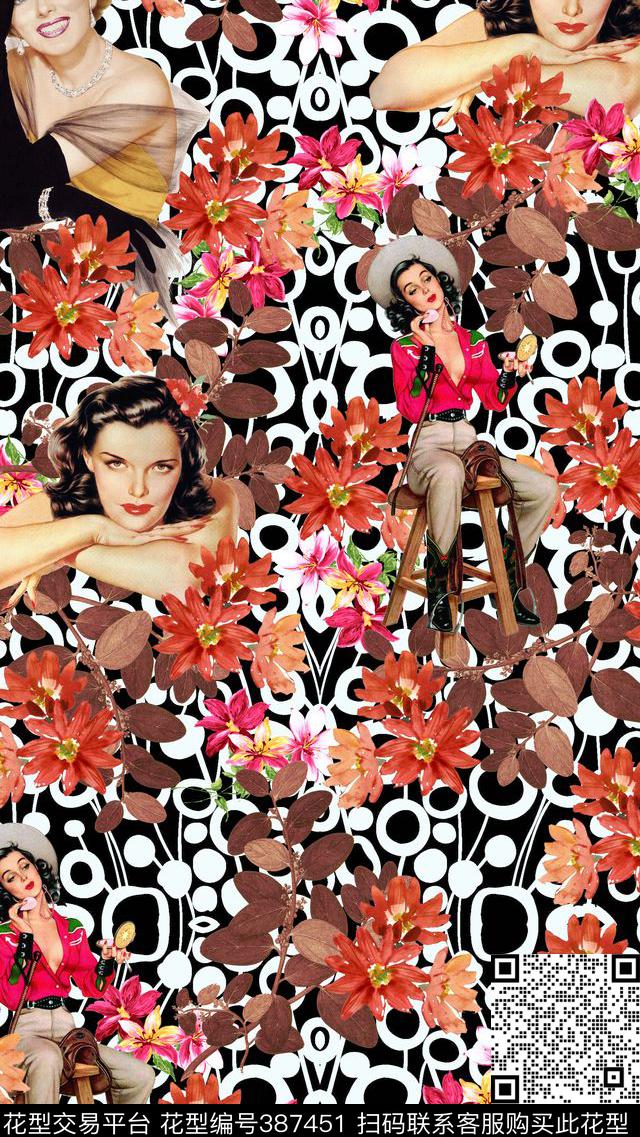 复古花卉美女数码印花华亿平台下载（图片编号: 387451） - 瓦栏（Walan）