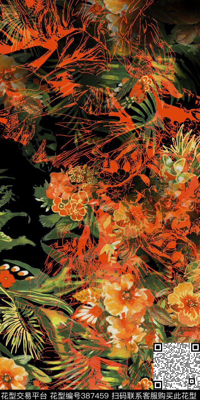 抽象花卉线条数码印花华亿平台下载（图片编号: 387459） - 瓦栏（Walan）
