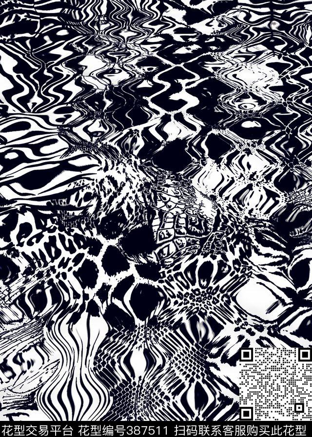 黑白动物纹水纹传统印花华亿平台下载（图片编号: 387511） - 瓦栏（Walan）