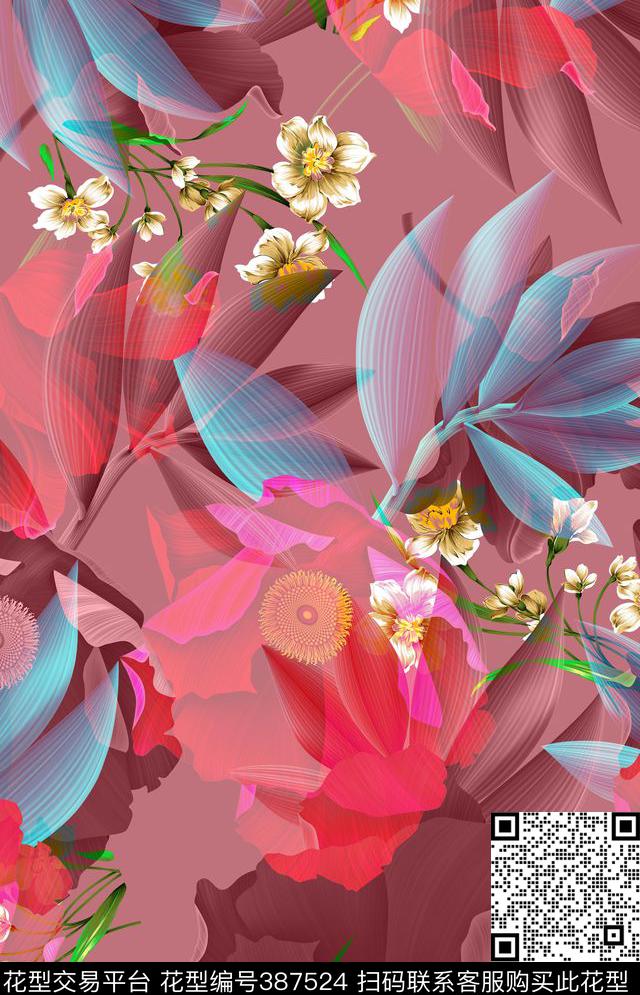 花写意花鸟混搭类数码印花华亿平台下载（图片编号: 387524） - 瓦栏（Walan）