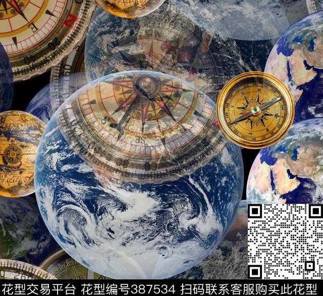 指北针蔚蓝星球复古表盘数码印花华亿平台下载（图片编号: 387534） - 瓦栏（Walan）