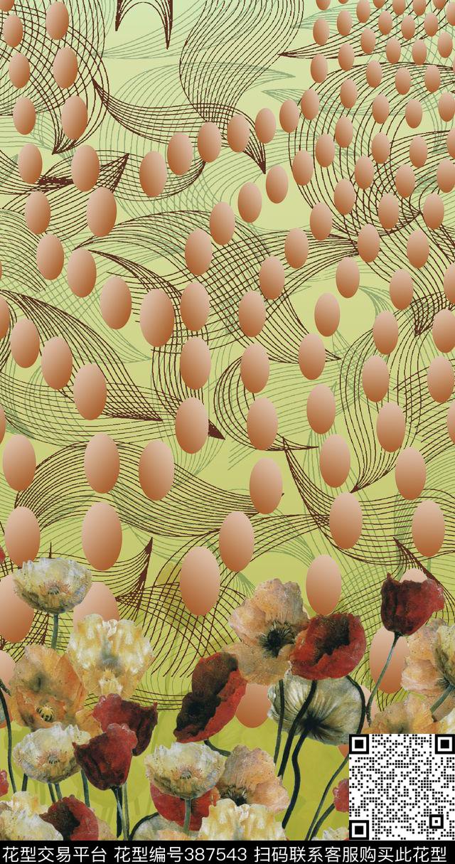 定位花卉线条数码印花华亿平台下载（图片编号: 387543） - 瓦栏（Walan）